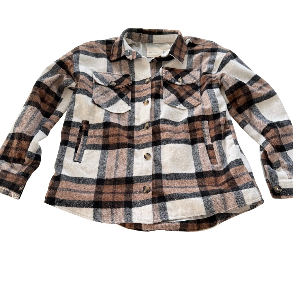 Thread & Supply Brown Black Plaid Fleece Shacket Lined Button Up Jacket Size M